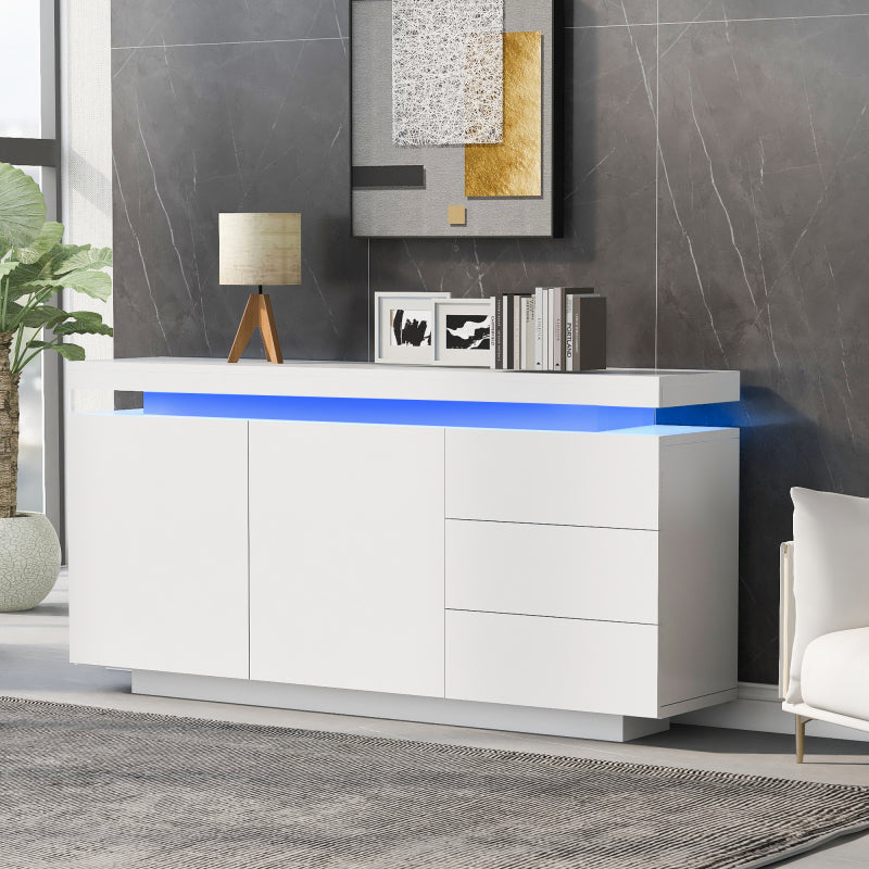 Sideboard Schrank Modern Wohnzimmer Beistellschrank Standschrank Kommode Highboard Anrichte Möbel 2 Türen 3 Schubladen Hochglanz Sideboard mit LED Licht Grifflose 140x35x72.5cm - Weiß