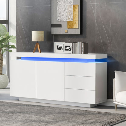 Sideboard Schrank Modern Wohnzimmer Beistellschrank Standschrank Kommode Highboard Anrichte Möbel 2 Türen 3 Schubladen Hochglanz Sideboard mit LED Licht Grifflose 140x35x72.5cm - Weiß