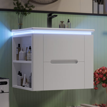 60x46x48.5cm wandhängend Badezimmerschränk, komplett lackiert, LED-Radarsensor-Beleuchtung, zwei Schubladen, leise Gleitschienen, Zwei seitliche Ablagen, Waschtisch, integriertes Waschbecken, weiß