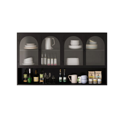 120CM Four-door Glass Wall Cabinet Storage, Wall-mounted,Suitable for Kitchen, Living Room, Bathroom(Black)