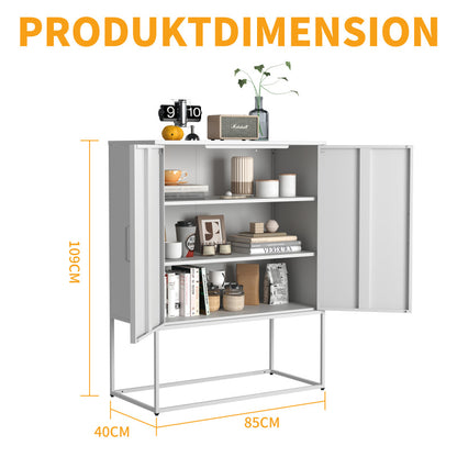 Metall-Sideboard,Lagerschrank– 2 Regale, Freistehender Stahlschrank, Magnettüren, Anti-Kipp-Sicherung, Wohnzimmer, Küche, Büro, Weiß, H 109 cm × B 85 cm × T 40 cm