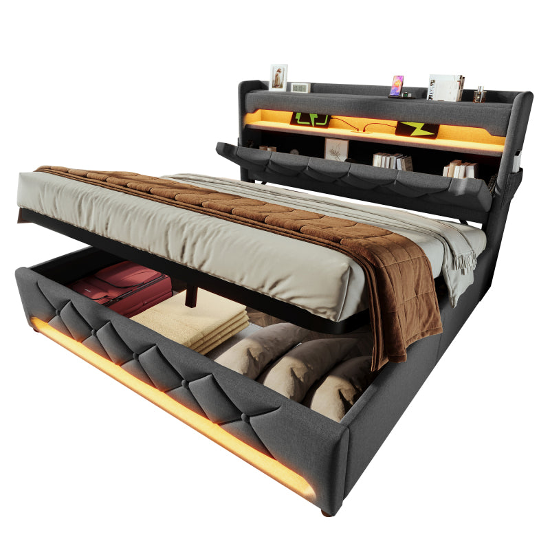 Polsterbett Doppelbett 180*200, Stauraum Kopfteil mit USB und Typ C-Port ,360-Surround-LED-Funktion rund um Kopf- und Fußende des, Betten mit Hydraulisch Stauraum, Grau , Leinen(Ohne Matratze)