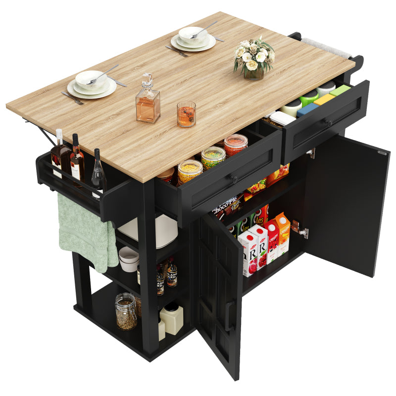 Kücheninsel mit herausnehmbaren Trennwänden, Esszimmerwagen mit Arbeitsplatte, Buffetschrank, Esszimmerwagen mit Holzmaserung, Handtuchhalter beidseitig mit Rollen, schwarz