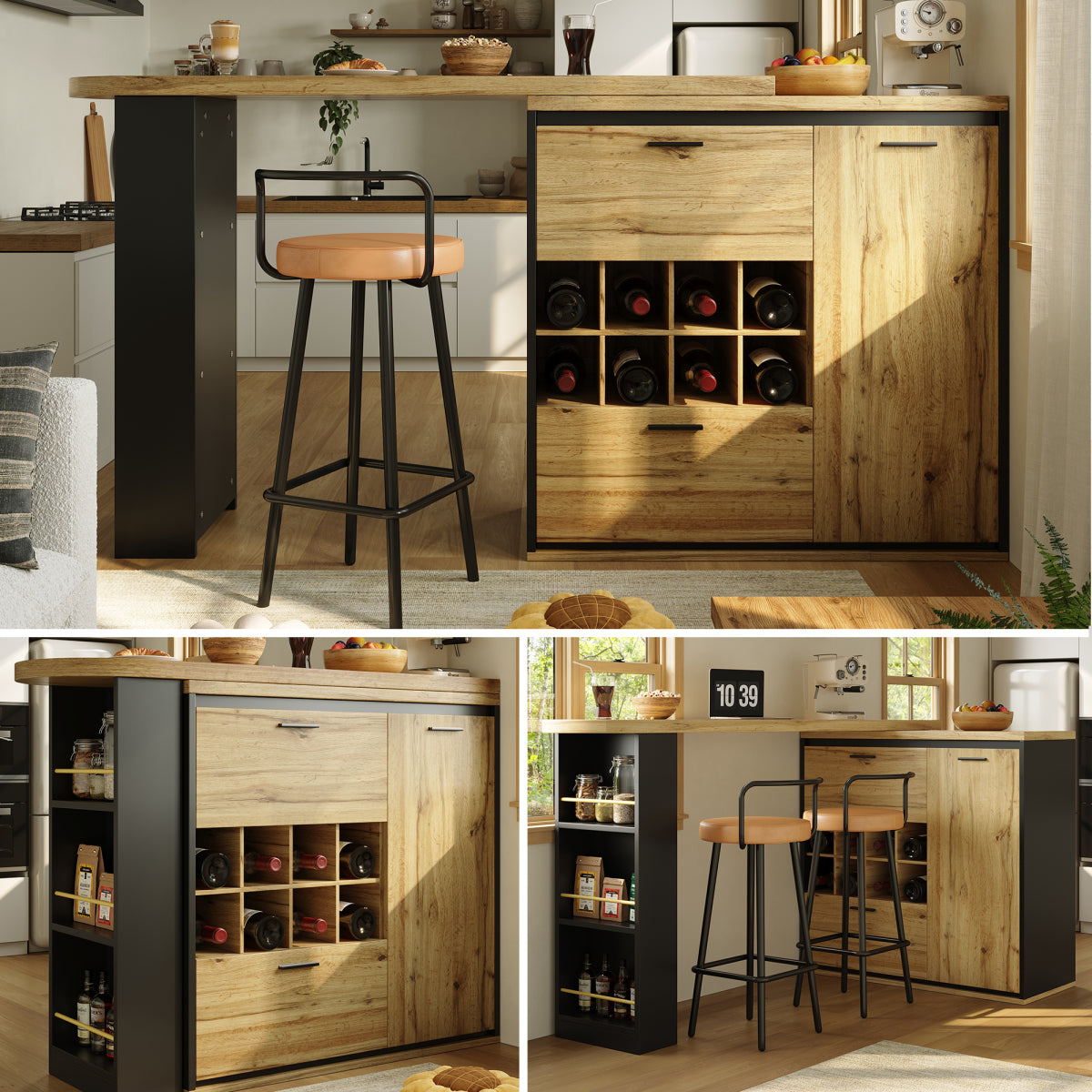 Ausziehbarer Bartisch 138-220cm Küchentisch mit Weinregal & 2 Schubladen, Stehtisch Natur Holzoptik, Multifunktionale Kücheninsel