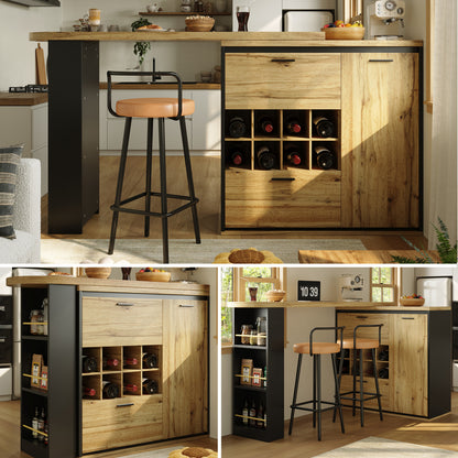 Ausziehbarer Bartisch 138-220cm Küchentisch mit Weinregal & 2 Schubladen, Stehtisch Natur Holzoptik, Multifunktionale Kücheninsel