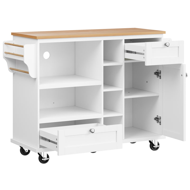 Esszimmerwagen (129 x 46 x 92 cm), modernes minimalistisches Weiß, mobiler Küchen-Esswagen mit Schubladen und Lagerschränken, hellbraune Holzarbeitsplatte, passend für moderne Wohnungen