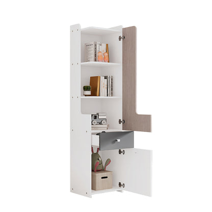 Hohes Bücherregal, Teenager-Regal, mit Schublade, Aufbewahrungsschränke, Weiß + helle Ulmefarbe + Grau