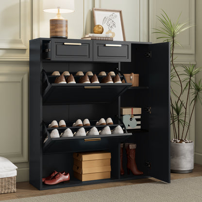 Moderne Schuhschrank, mit verstellbaren Regalen, goldenen Griffen, Schubladen, Klappschuhschrank und Türen,  Schwarz, B95/D24/H107