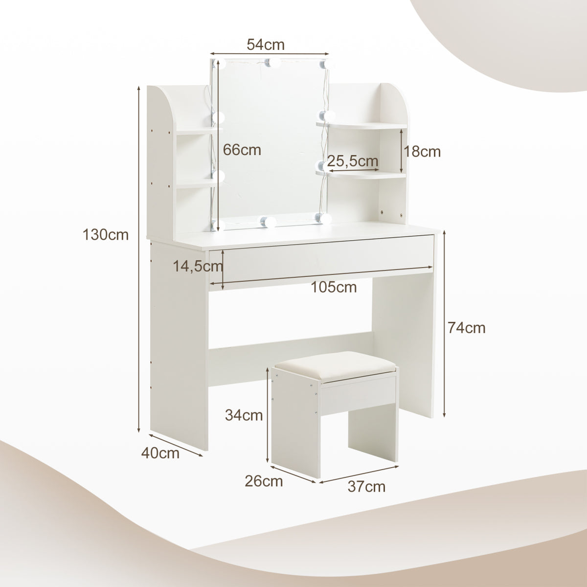 Schminktisch Frisiertisch Kosmetiktisch mit Hocker LED-Beleuchtung Spiegel Weiß