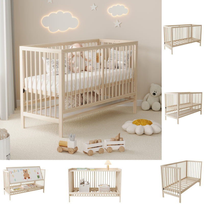 Holz Babybett, umwandelbar in Nebenbett / Malerbrettständer / Schreibtisch, höhenverstellbar, ohne Matratze, aus Fichte, naturfarben, 140x60x90cm