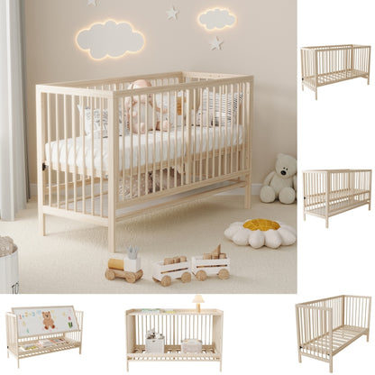 Holz Babybett, umwandelbar in Nebenbett / Malerbrettständer / Schreibtisch, höhenverstellbar, ohne Matratze, aus Fichte, naturfarben, 140x60x90cm