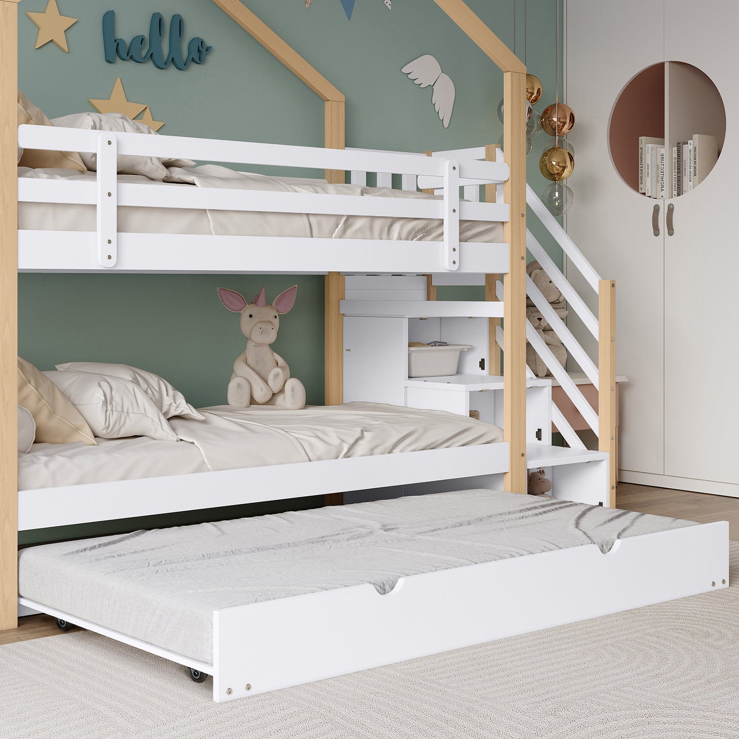 Etagenbett, Ausziehbares Baumhausbett, Schiebebett, Treppe mit 3 Schubladen, Kinderbett mit Absturzsicherung und Kinderbettgitter, mit Lattenroste, Natur+Weiß (90x200cm&90x190cm) [30813567NAA]