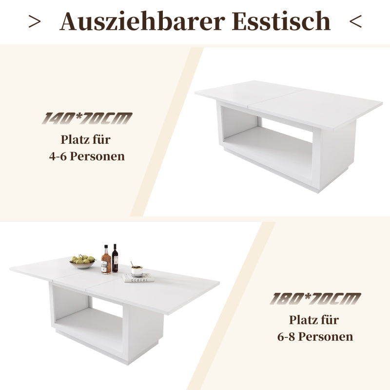 Ausziehbarer Esstisch, quadratischer Esstisch, Couchtisch, Länge 140/180 x Breite 70 x Höhe 76,5 cm, moderner einfacher Esstisch, weiß