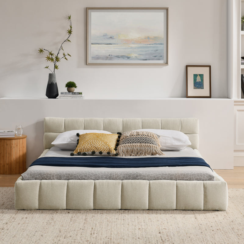 Doppelbett 160x200 cm, Bett mit seidig weichem Chenille - Bezug, quadratischem Steppdesign, Beige (ohne Matratze)