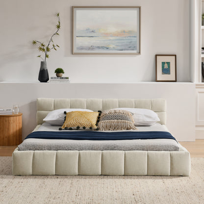 Doppelbett 160x200 cm, Bett mit seidig weichem Chenille - Bezug, quadratischem Steppdesign, Beige (ohne Matratze)