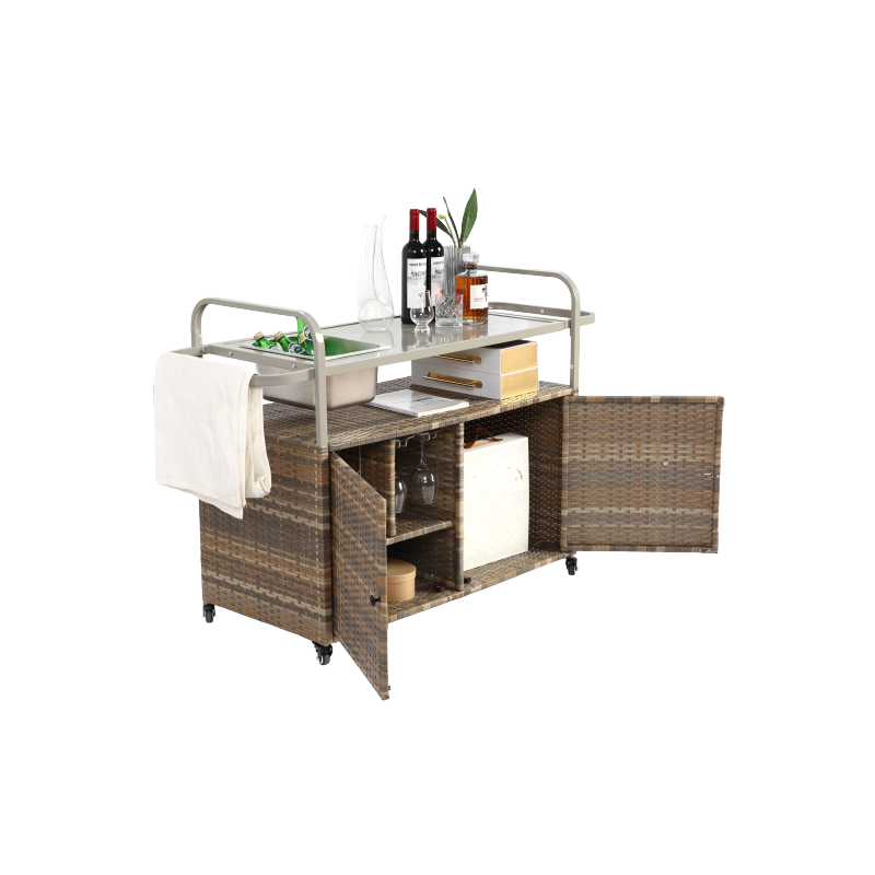 Outdoor Bar Table, Wicker Bar Cart with Cabinet, Patio Serving Cart with steel Top, with one ice bucket,Lockable Wheels, Side Basket for Garden, Poolside & Backyard, Beige