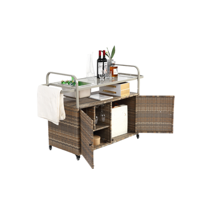 Outdoor Bar Table, Wicker Bar Cart with Cabinet, Patio Serving Cart with steel Top, with one ice bucket,Lockable Wheels, Side Basket for Garden, Poolside & Backyard, Beige