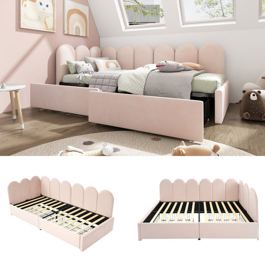 Polsterbett Einzelbett mit Schubladen Stauraumbett Samt Daybett Tagesbett Schlafsofa 90x190cm mit Lattenrost Jugendbett und Erwachsene Kinderbett,Rosa(Ohne Matratze)