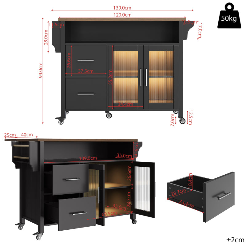 Kücheninsel mit herausnehmbaren Trennwänden, Speisewagen mit Arbeitsplatte, Buffetschrank, Speisewagen mit Glasvitrine in Holzmaserung, LED-Leuchten, seitlicher Handtuchhalter mit Rollen, Schwarz