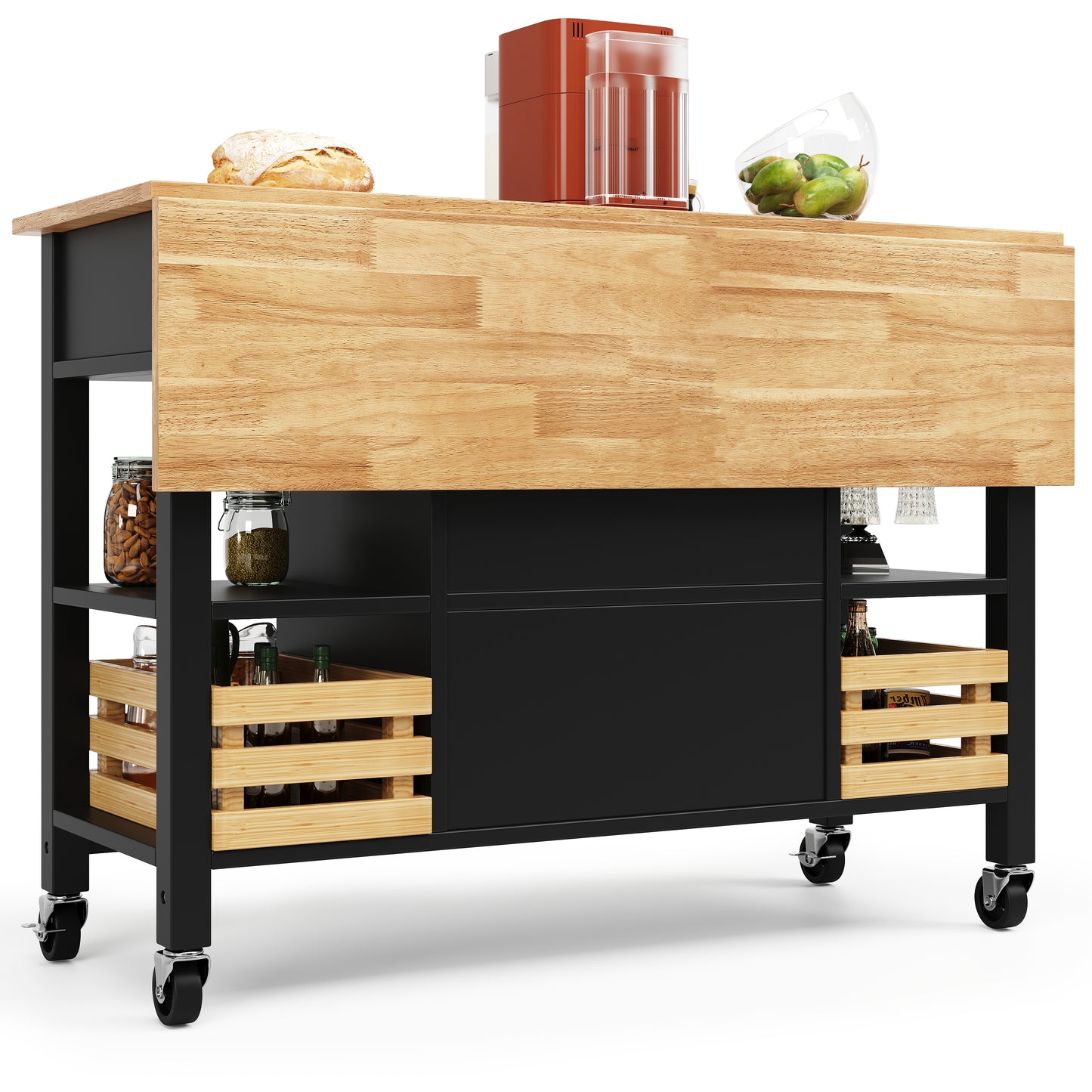 Moderne Kücheninsel Küchenschrank mit Kiefernkorb 120x45x90cm Multifunktions Esstisch Servierwagen Holzmaserung Aufbewahrungskorb Schwarz