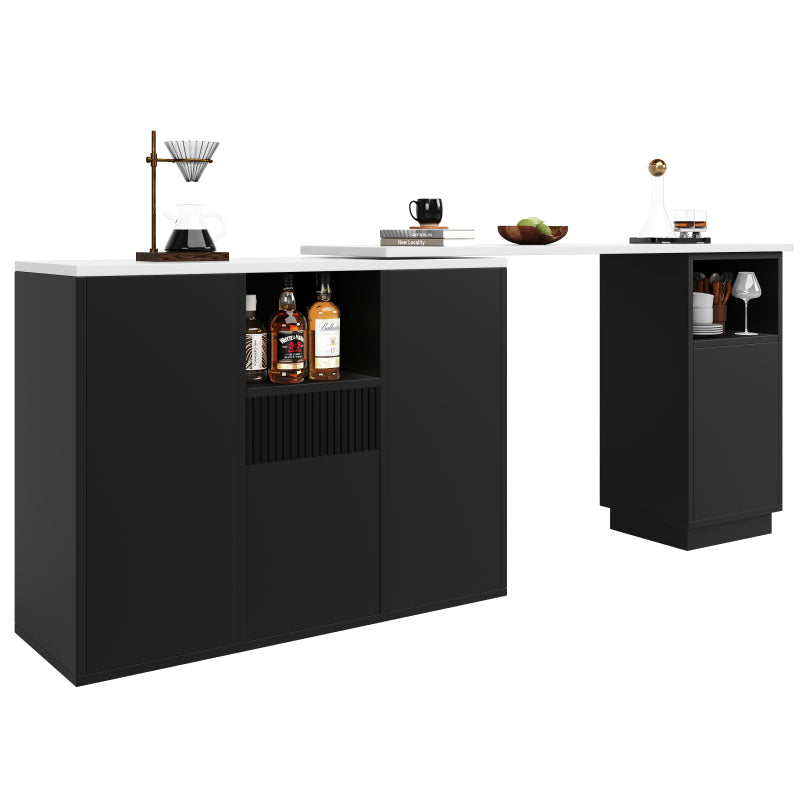Um 360° drehbarer Bartisch (Hauptkörper 198,5 x 30 x 75 cm), modernes und schlichtes schwarzes Design, mit offenem Stauraum und Marmor-Arbeitsplatte, multifunktionale Aufbewahrungsinsel, geeignet für
