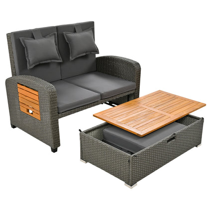 Garten-Lounge-Sessel-Set für 2 Personen, graues Rattan, verstellbare Rückenlehne, Stützfuß, mit Fußhocker oder als Outdoor-Bett nutzbar, mit Rückenkissen und Sitzkissen (previous sku:HW24020AAA)
