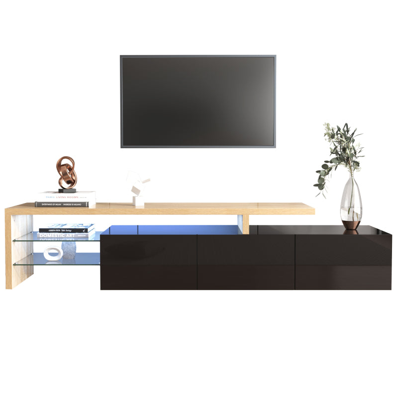 Modernes TV-Schrank-Design: Stilvolle Eleganz, praktischer Stauraum, Hochglänzendes Schwarz, Holzoptik, Glasböden, LED-Beleuchtung