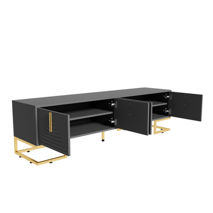 TV-Schrank,lowboard mit strukturierter Tür, TV-Möbel, goldenen Griffen und goldenen Füßen.