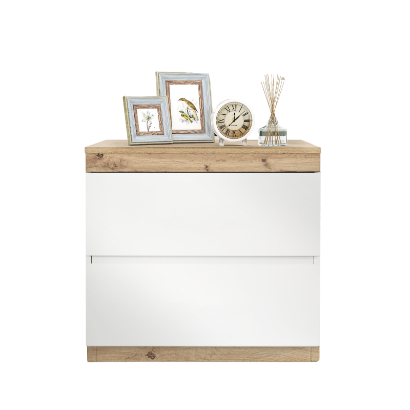 Nachttisch, Nachtschrank mit zwei Schubladen, Nachtkommode, Funktion von Aufbewahrung, für Schlafzimmer, E1-Spanplatte, weiß+oak