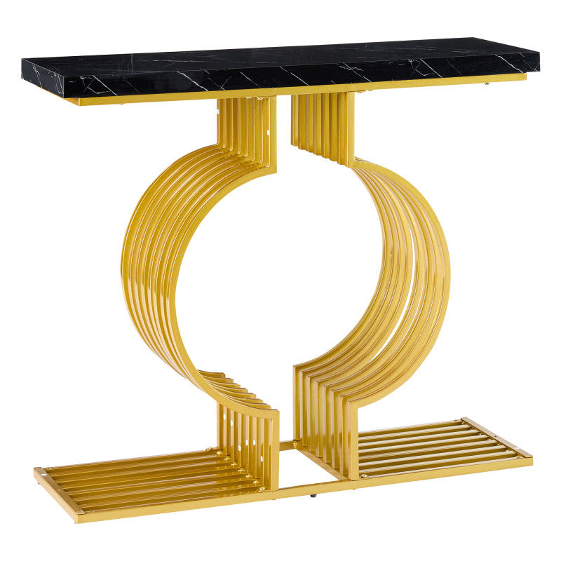 100*35*80cm moderner, schlichter schwarzer Hochglanz-Couchtisch, kleiner Beistelltisch fürs Wohnzimmer, Konsolentisch, goldener Sockel kann auf zwei Arten installiert werden