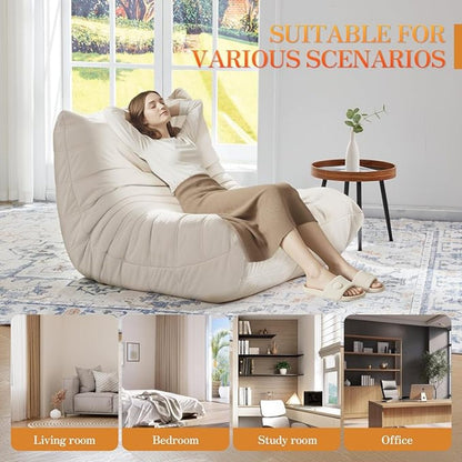Ergonomischer Sitzsack Sessel aus Suede mit 5-Zonen-Körperstütze, Bean Bag Chair für Wohnzimmer & Schlafzimmer, Weiß