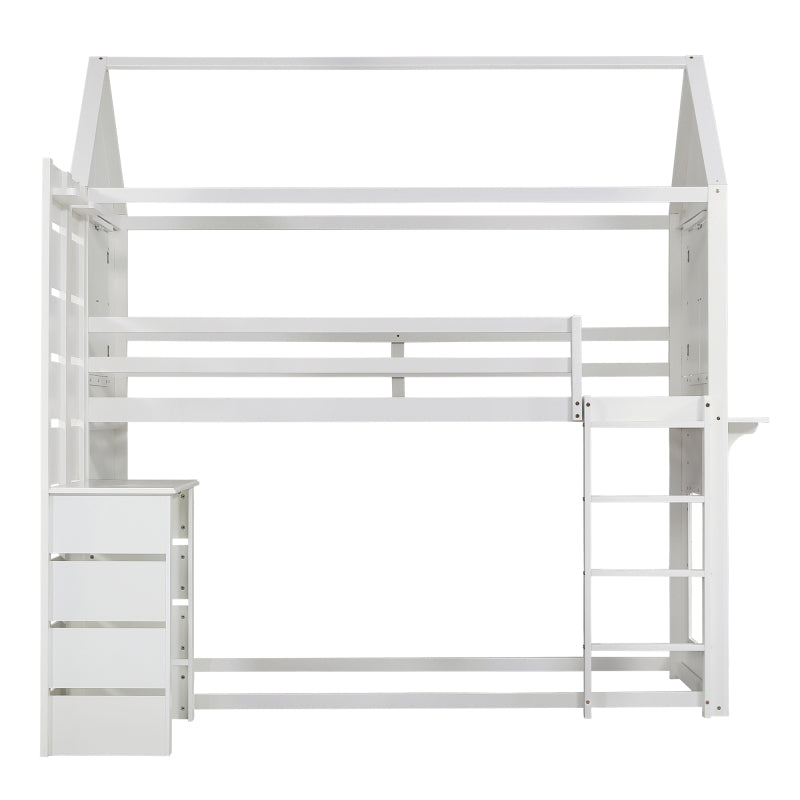 Etagenbett, Hausbett, Kinderbett mit Fallschutz und Gitter, mit Tisch, Offenes Regal, zwei Fenster, Reichlich Stauraum, Kiefer+MDF, Weiß, 90x200cm