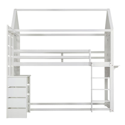 Etagenbett, Hausbett, Kinderbett mit Fallschutz und Gitter, mit Tisch, Offenes Regal, zwei Fenster, Reichlich Stauraum, Kiefer+MDF, Weiß, 90x200cm