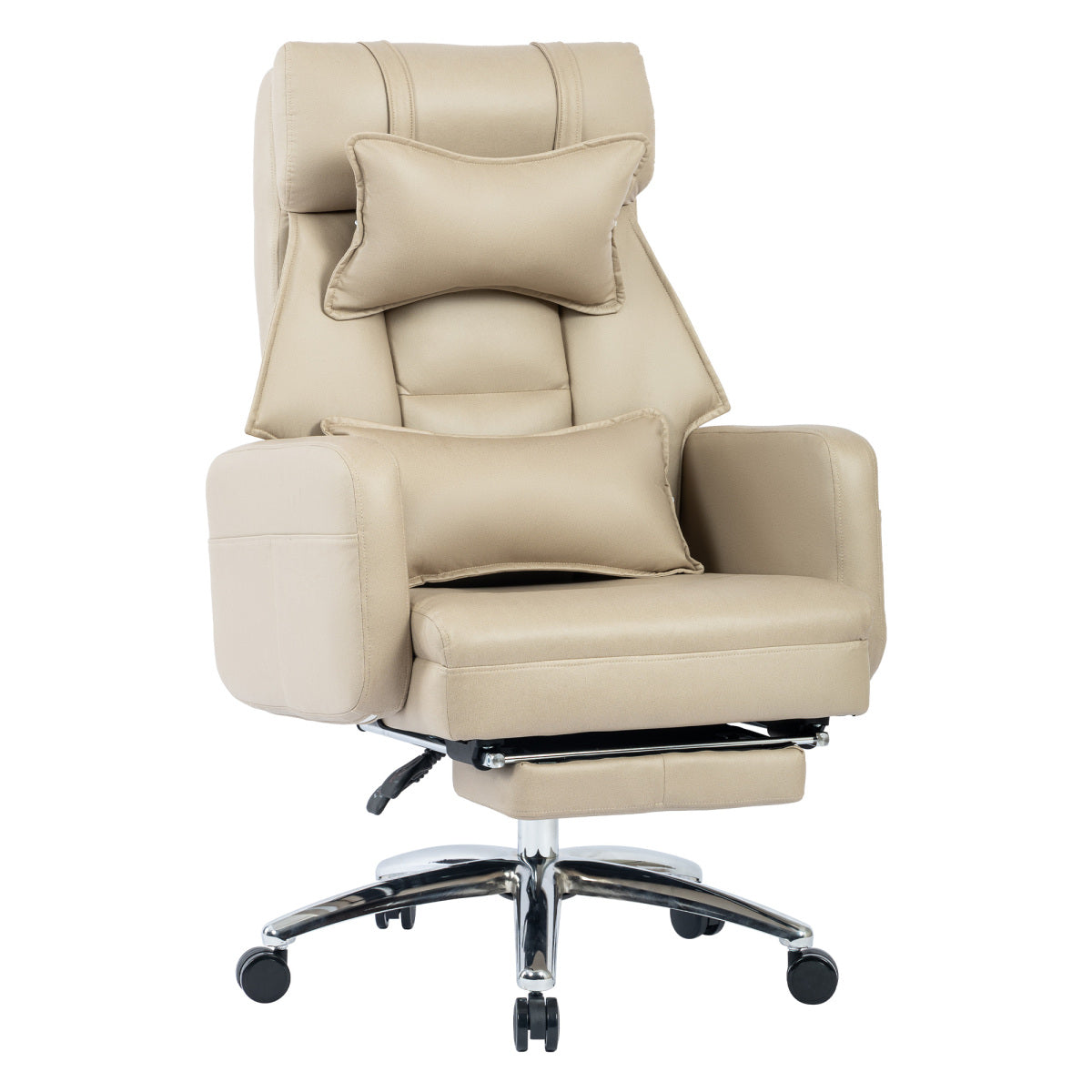 Ergonomischer Bürostuhl mit 155° Liegefunktion, Fußstütze, Tech-Leder, Beige