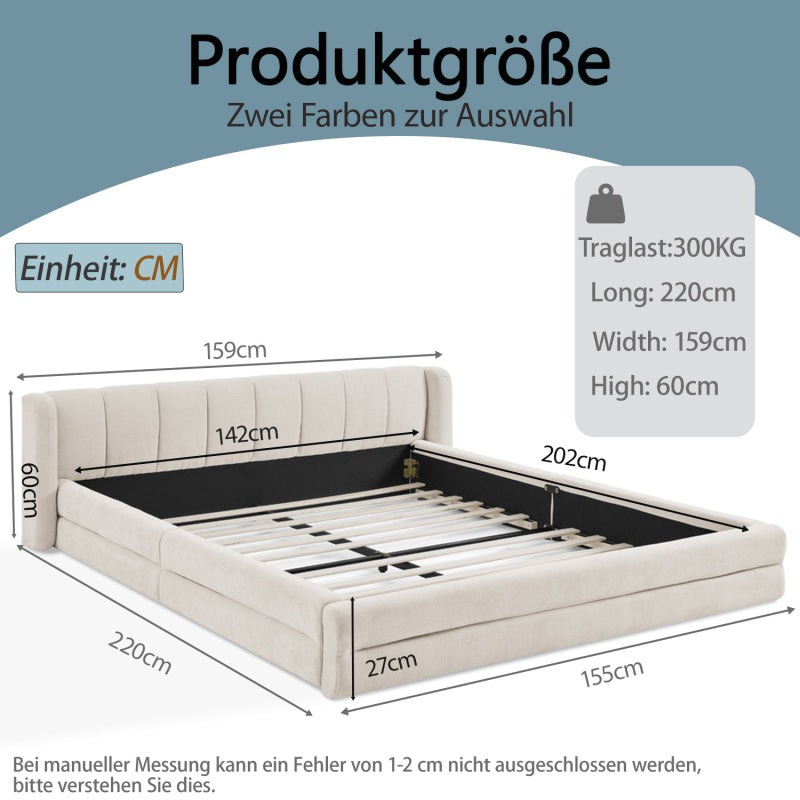 Doppelbett 140×200cm, Chenillestoff, komfortable Rückenlehne, robustes Eukalyptus- und Eisengestell, einfach zu montieren, Beige (ohne Matratze)