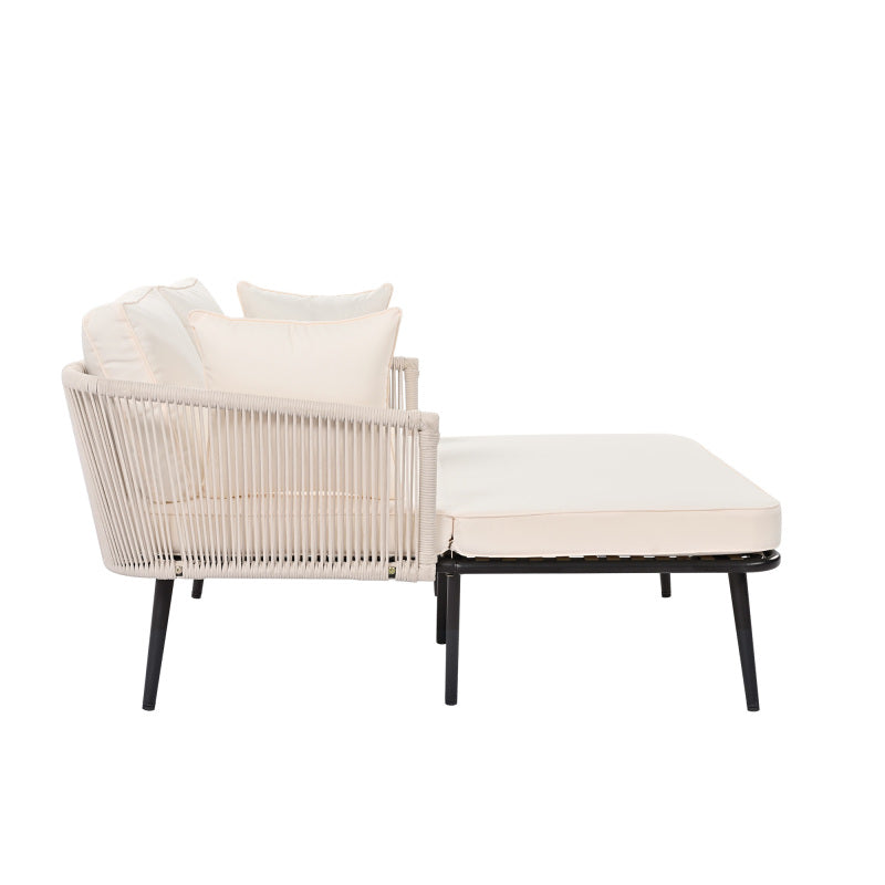 Gartensofa mit 2 Kissen und 2 Polster, Sonnenliege im Außenbereich, Gartenlounge, Kissen sind abnehmbar und waschbar, Beige