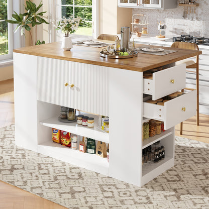 Moderne Kücheninsel Weiß, Küchenschrank mit klappbarer Arbeitsplatte, Sideboard mit Schubladen & Regalen, Esstisch & Servierwagen, 140x70cm