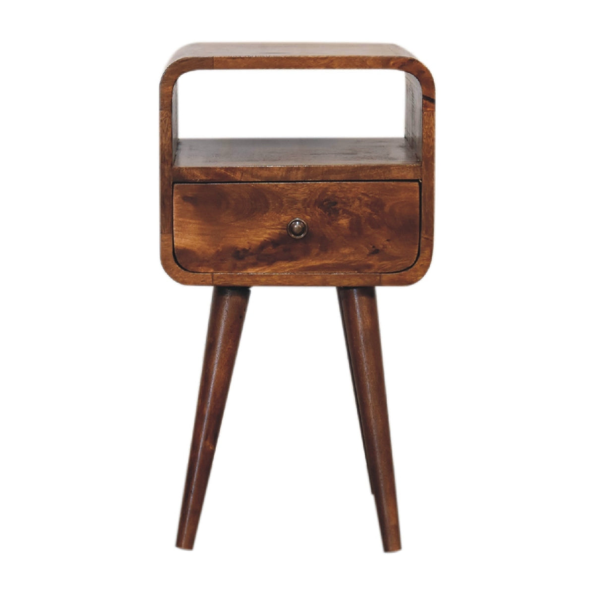 Mini Nachttisch aus Massivholz – Kastanienbraun, Curved Design, 1 Schublade & offenes Fach, Handgefertigt, Nordic-Stil, 30x30x55 cm