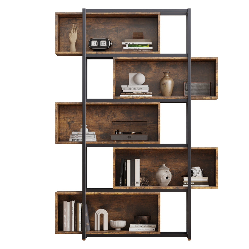 Bücherregal, 5 Etagen, mit Einlegeböden, Holzmaserung braun mit schwarzem Stahlrohr