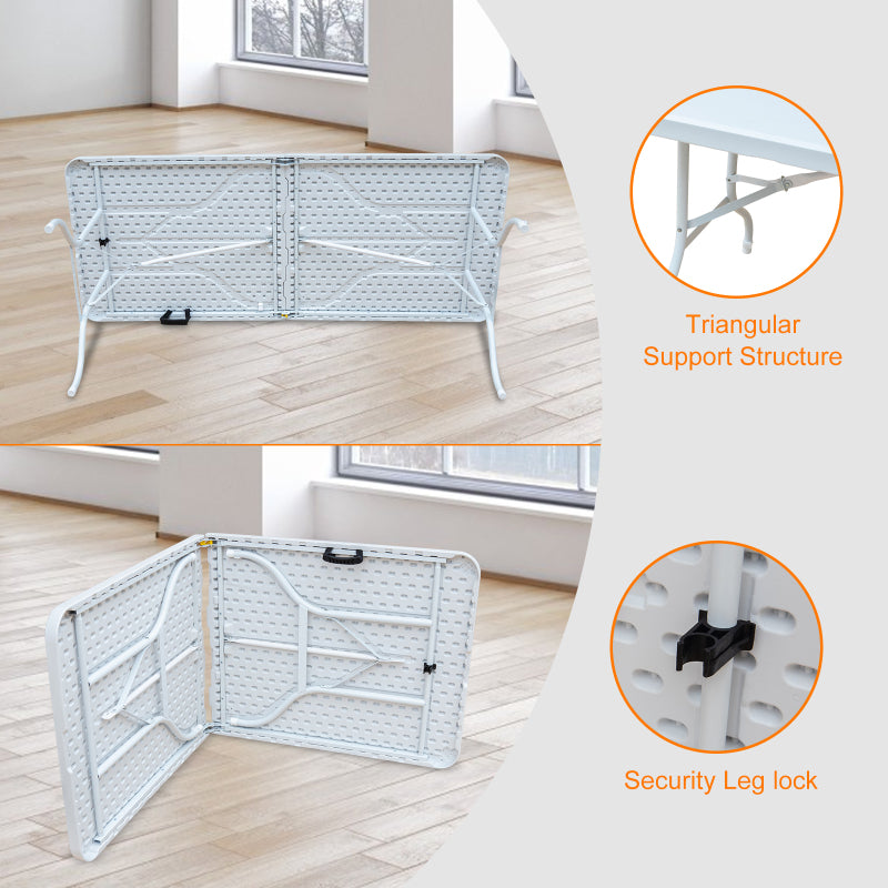 180cm Portable Heavy Duty Folding Table with Handle, Foldable Table, Multi-Functional Fold up Table for Camping Picnic Parties Indoor/Outdoor, Capacity Weight 135KG (White)