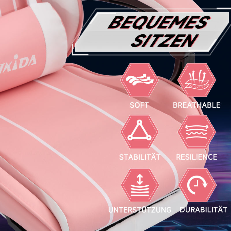 Gaming Stuhl Computerstuhl Ergonomischer Gaming Chair mit Fußstütze Bürostuhl Ergonomischer Computerstuhl mit Lendenwirbelstütze Pinkwhite