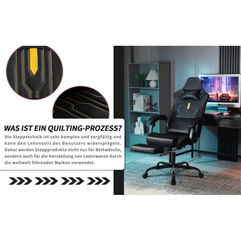 Gaming Stuhl Computerstuhl Ergonomischer Gaming Chair mit Fußstütze Bürostuhl Ergonomischer Computerstuhl mit Lendenwirbelstütze Schwarz