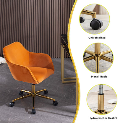 Neuer höhenverstellbarer Drehstuhl aus Samtstoff für das Büro im Innenbereich mit goldenen Beinen,Orange