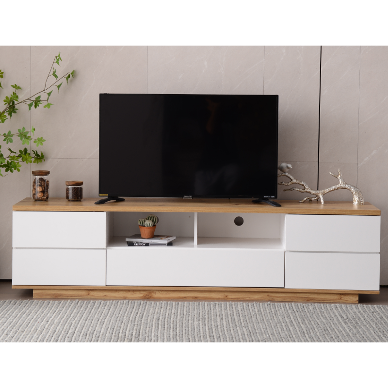 Moderner Farbblock-TV-Schrank in weißer Ausführung, TV-Schrank mit Holzmaserung, 180 cm