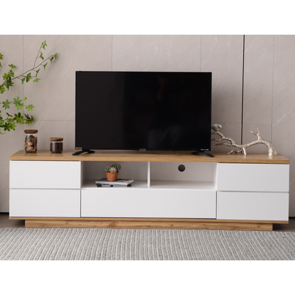 Moderner Farbblock-TV-Schrank in weißer Ausführung, TV-Schrank mit Holzmaserung, 180 cm