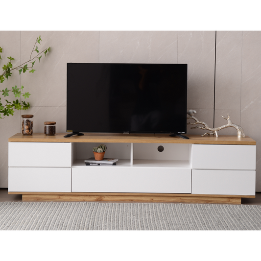 Moderner Farbblock-TV-Schrank in weißer Ausführung, TV-Schrank mit Holzmaserung, 180 cm
