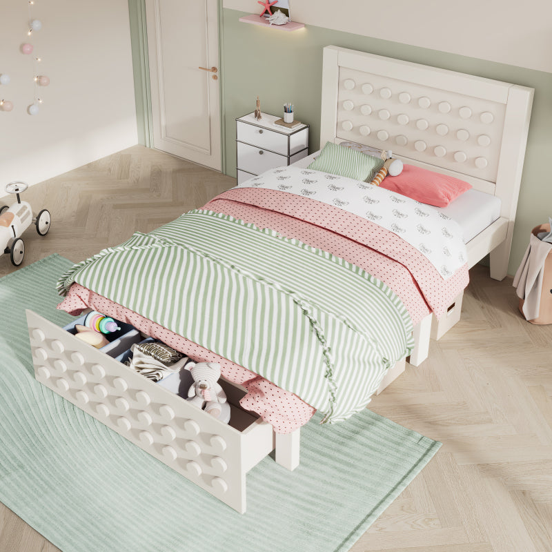 Holzbett Einzelbett 90x190 cm, Kinderbett Jugendbett mit Kreativem Block Design, Massivholz Bettgestell mit Lattenrost, mit Schubladen & Unterm Bett Stauraum, Weiß, Ohne Matratze