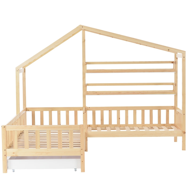 Kinderbett Hausbett mit Schubladen und Regalen, Massivholz mit Zaun und Lattenrost, L-Struktur, Natur (90x200 cm+140x70cm)