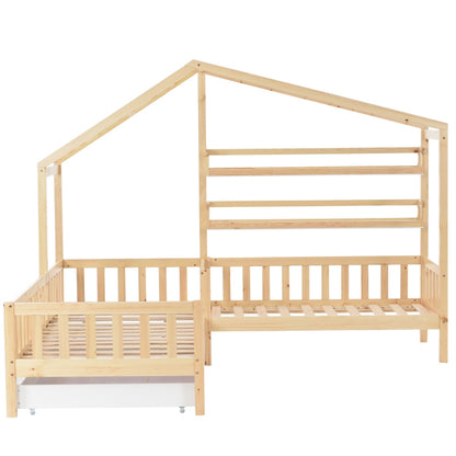 Kinderbett Hausbett mit Schubladen und Regalen, Massivholz mit Zaun und Lattenrost, L-Struktur, Natur (90x200 cm+140x70cm)