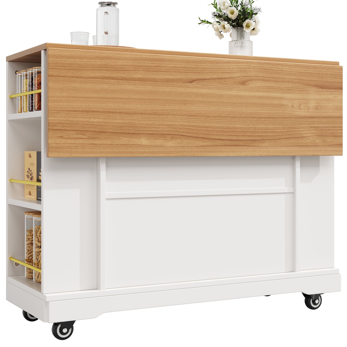 Moderne Kücheninsel Küchenschrank mit Holzmaserung Multifunktionaler Esstisch Speisewagen Buffetschrank mit Stretchfunktion Weiß Ohne Matratze